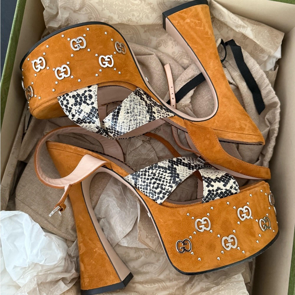 Gucci Orange Suede and Snake Print Heels